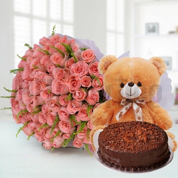 Beautiful Roses With A Teddy And A Cake Iris Florists mangalore