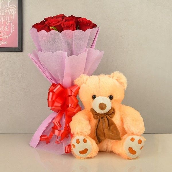 Teddy With Red Rose Bouquet Combo Iris Florists mangalore online